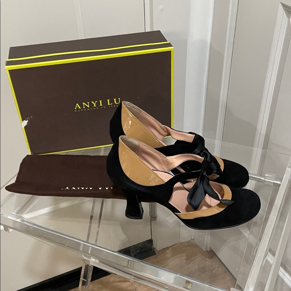 Anyi Lu JOLIE Black and (Blush) Tan Heels with Bow - Picture 2 of 7